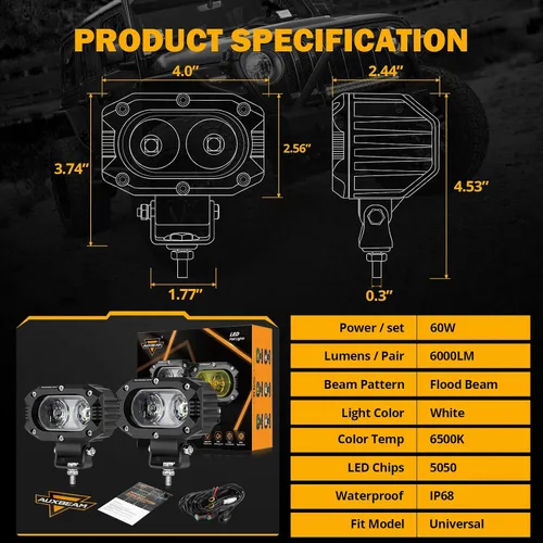 Vista 4 de Auxbeam Cápsulas de luz LED de 4 pulgadas de 60 W de ancho blanco de inundación de luz antiniebla, luz LED de lente corrugada 12D con arnés