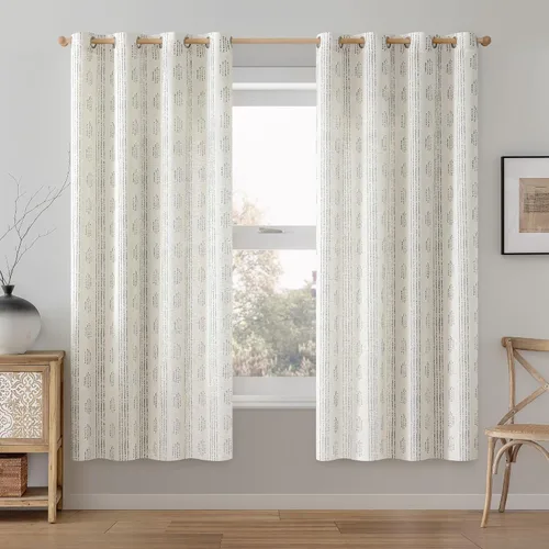 Vista 2 de Cortinas de lino bohemio para dormitorio y sala de estar, cortinas de estilo granja 63 pulgadas de largo, diseño geométrico a rayas con ojales