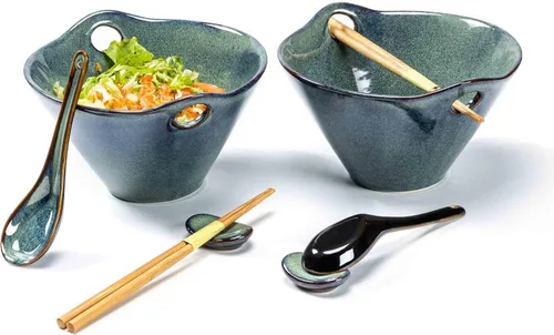 Vista 12 de Henten Home Juego de 2 cuencos de ramen de 20 onzas, cuencos de cerámica japoneses para fideos, cuencos profundos de porcelana con palillos