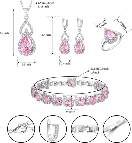 Vista 6 de Juego de collar y aretes colgantes con circonita cúbica para novia, día de San Valentín, día de la madre, Acción de Gracias, Navidad, regalos