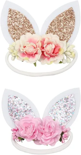 Vista 5 de Diadema de orejas de conejo de primavera para niñas, corona de flores, bosque, pieza de cabeza floral Orejas de conejo beige grandes