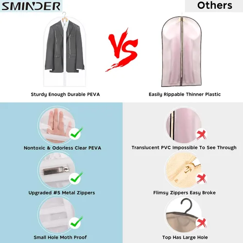 Vista 2 de SMINDER - Bolsas de ropa para colgar ropa, bolsas de plástico transparente con cremallera completa, PEVA, transpirables, ligeras