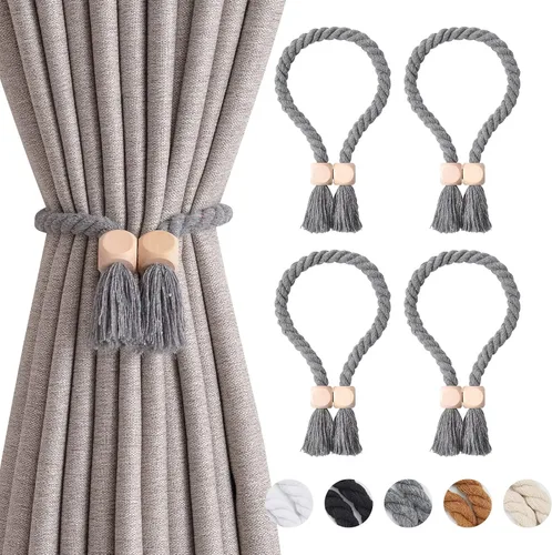 Vista 37 de NICEEC 2 Pack de Alzapaños Magnéticos de Madera en Forma de Cubo Boho para Decoración del Hogar, Alzapaños de Lino Tejidos a Mano para Cortinas Beige
