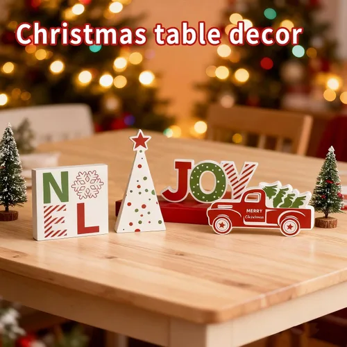 Vista 4 de 4 piezas de decoración de mesa de Navidad para interiores, camión rojo de madera, bandeja escalonada de invierno, decoración rústica de árbol