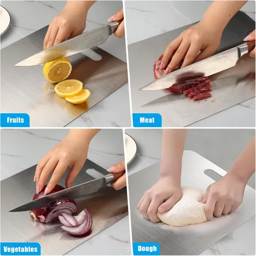 Vista 5 de Juego de 3 tablas de cortar de acero inoxidable, tablas de cortar de cocina de metal 304, no tóxicas con bordes sin rebabas, aptas