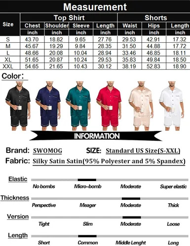 Vista 7 de SWOMOG Men Silk Satin Pajamas Short Sleeve Pjs Set Button Down Sleepwear Soft Lounge Set Nightwear with Pockets