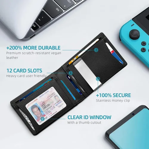 Vista 19 de Zitahli - Carteras delgadas con clip para dinero para hombre, tarjetero minimalista, de cuero, plegable, con bloqueo RFID, cartera de bolsillo