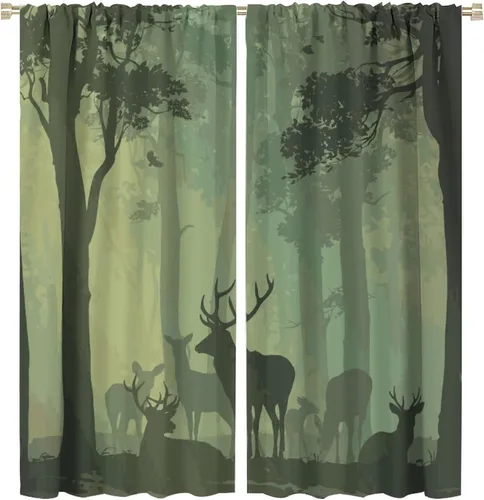 Vista 53 de Cortinas opacas con diseño de ciervos, bosque brumoso, rústico, vida silvestre, alce, montaña, pájaros, pino, bosque, cortinas de ventana