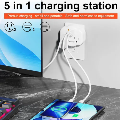 Vista 2 de Extensor de toma de pared 5 en 1 con USB y tipo C, protector de sobretensiones, 2 salidas de CA, 1050J ignífugo, certificado ETL/FCC, compacto