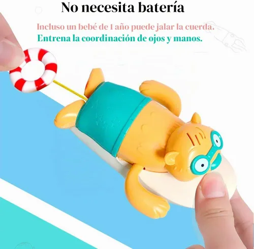 Vista 2 de Pull String - Juguete de baño para bebé, lindo castor de surf, natación, cuerda mecánica, juguete de bañera para niños pequeños (beige)