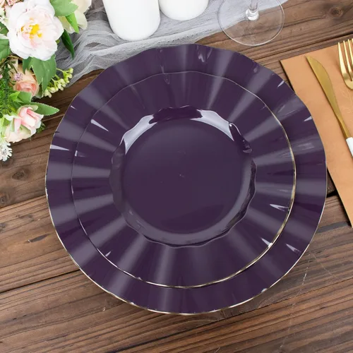 Vista 129 de Tableclothsfactory Paquete de 10 platos redondos de plástico negro de 6 pulgadas para ensalada de postre, platos desechables con borde ondulado
