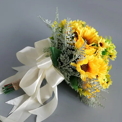 Vista 6 de Ramo de flores artificiales de girasol, ramos de boda románticos de 13.8 pulgadas para novia, dama de honor, ramas de girasol de seda para novia
