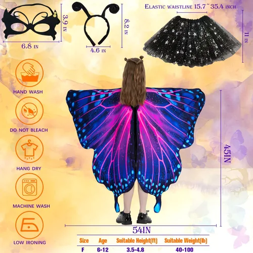Vista 3 de Butterfly Costume Halloween Costumes for Girls Kids, Butterfly Wings Costume Cape Shawl for Girls Fairy Wing