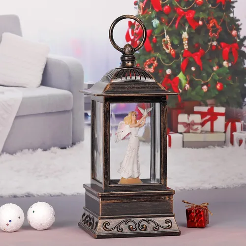 Vista 6 de Decoración de globo de nieve de Navidad, linterna de ángel con purpurina musical con temporizador de 6 horas, decoración iluminada alimentada por