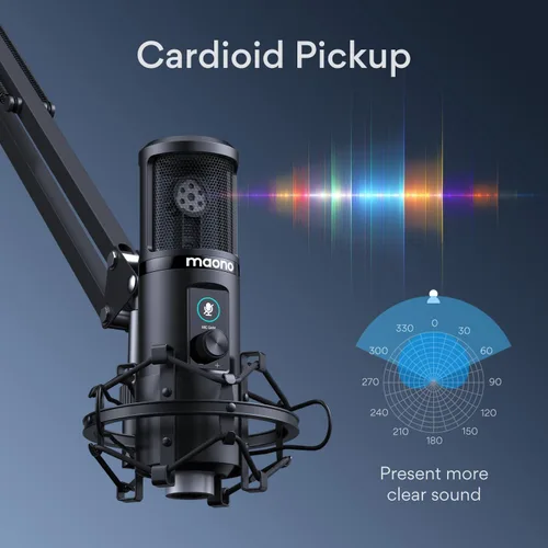 Vista 6 de MAONO Micrófono condensador profesional USB PM421 con silencio de un toque, control de ganancia, con micrófono dinámico XLR/USB PD200X para podcast