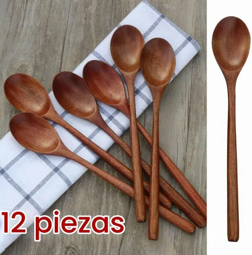 Vista 3 de TEAMWILL Cucharas de madera, 12 cucharas de sopa de madera de 9 pulgadas para comer, mezclar, agitar, cuchara de mango largo con utensilio de cocina