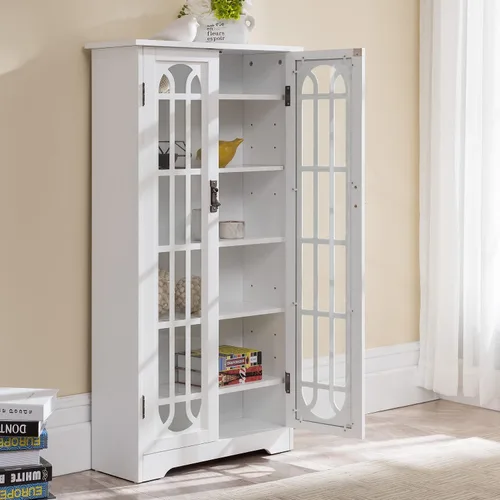 Vista 6 de SEI Furniture - Gabinete multimedia para ventana - Blanco - Diseño de transición, vidrio blanco y madera - Ideal para oficina en casa, sala de estar