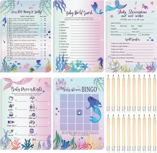 Vista 10 de Yinder 145 tarjetas de actividades para juegos de baby shower con 20 lápices, incluye descripción de bingo para bebés y deseos, adivina quién es
