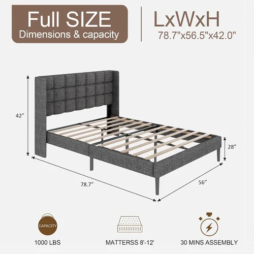 Vista 2 de Base de cama tamaño matrimonial con cabecera con respaldo de ala, base de cama tapizada de lino con cabecera capitoné con botones, soporte