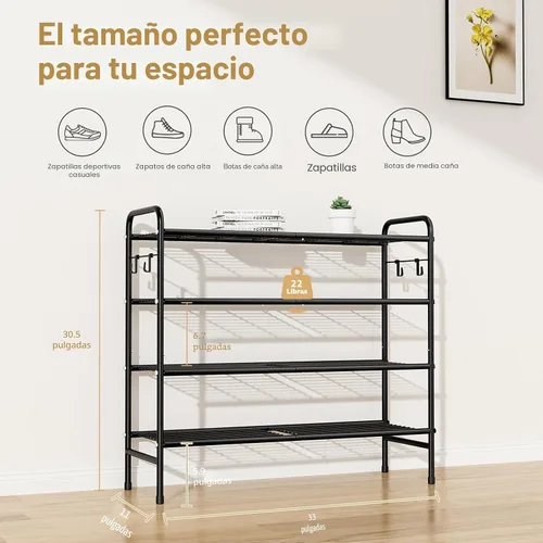 Vista 3 de VILICK Zapatero de Metal de 4 Niveles de 33" de Ancho, Organizador de Zapatos Largo, Almacenamiento de Zapatos con 4 Ganchos Laterales, Estante