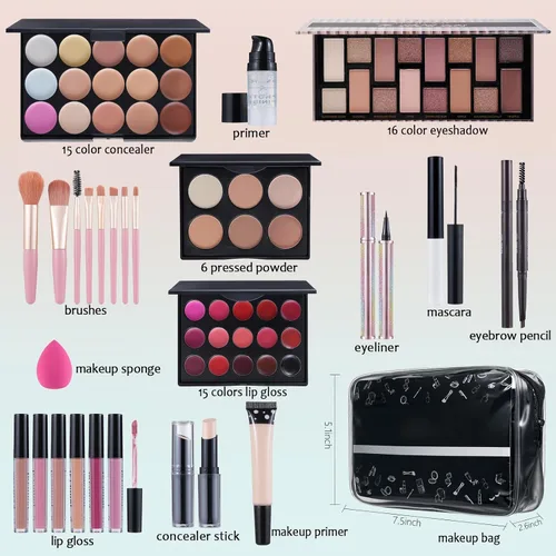 Vista 2 de Kit de maquillaje para mujeres, kit completo, set de maquillaje para niñas adolescentes, sombra de ojos, brillo de labios, lápiz labial, brochas