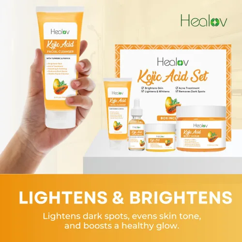 Vista 5 de Set de cuidado de la piel de ácido kójico – Jabón limpiador de jabón kójic, exfoliante corporal, crema facial y suero facial iluminador