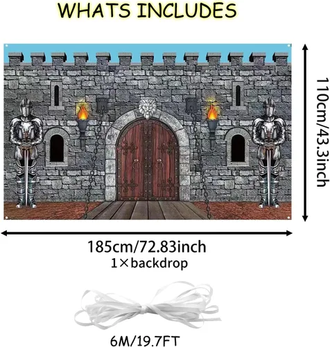 Vista 3 de Decoraciones medievales para fiestas, telón de fondo de pared de piedra con armadura de caballero, grande de 73 x 43 pulgadas, poliéster