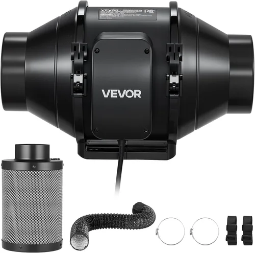 Vista 9 de VEVOR Kit de filtración de aire de 4 pulgadas, ventilador de conducto en línea de 180 CFM con controlador de velocidad, filtro de carbono y sistema