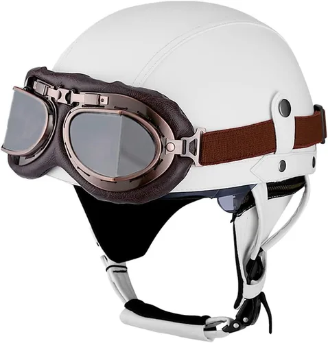 Vista 7 de Casco retro de cuero vintage para motocicleta, para hombres y mujeres, adultos, para scooter, bicicleta, crucero, con gafas y lente solar