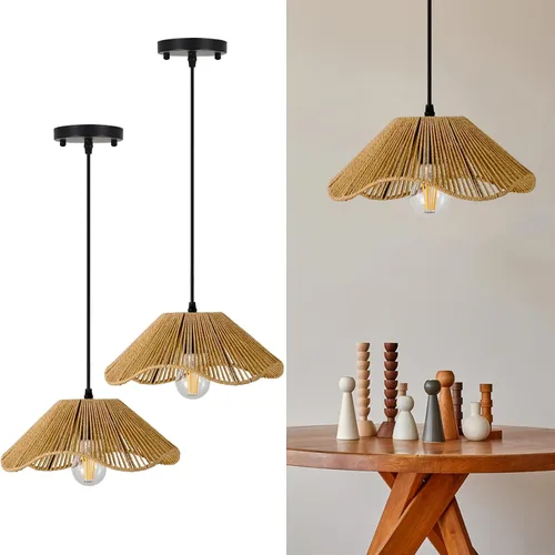 Vista 11 de 1 lámpara colgante de bambú tejida a mano, estilo bohemio, elegante, cordón ajustable, ratán de bambú, lámpara colgante de techo para comedor, bar