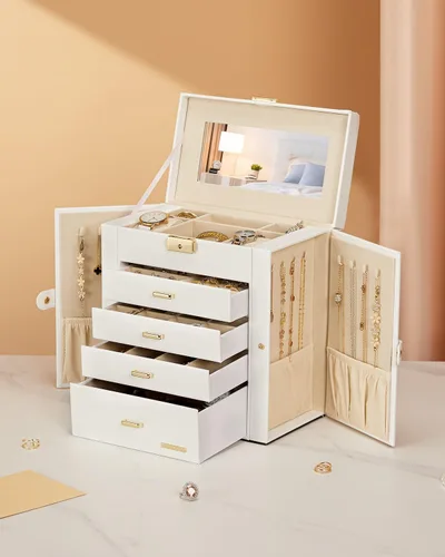 Vista 8 de Homde Joyero enorme de cuero sintético con espejo, organizador de relojes, collar, anillo y aretes, estuche de regalo con cerradura (blanco + dorado)