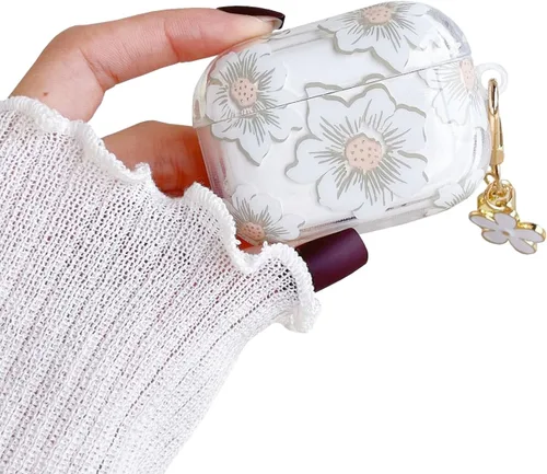 Vista 8 de Funda protectora para AirPods Pro de 1ª generación con llavero, bonita funda protectora para auriculares con flores negras y flores, TPU suave
