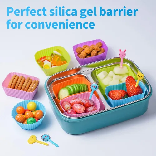 Vista 2 de Divisores de silicona Bento para lonchera, 3 formas de redondo, cuadrado y rectangular estándar, forros de silicona reutilizables para magdalenas