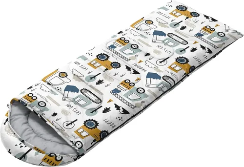Vista 2 de Saco de dormir para niños y niñas, estampado de camión de construcción, ligero, cálido, portátil, para exteriores, interior, impermeable, resistente