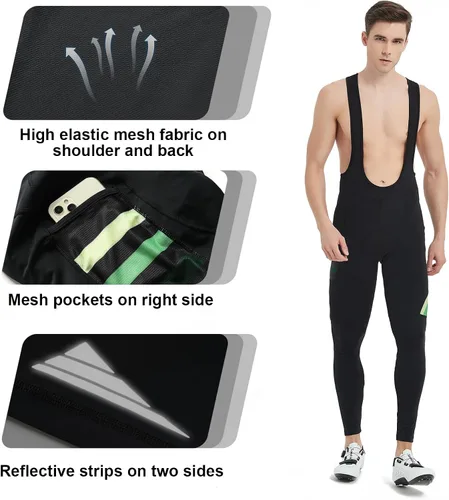 Vista 4 de Santic Mallas con pechera de ciclismo para hombre, pantalones largos acolchados con bolsillo Verde