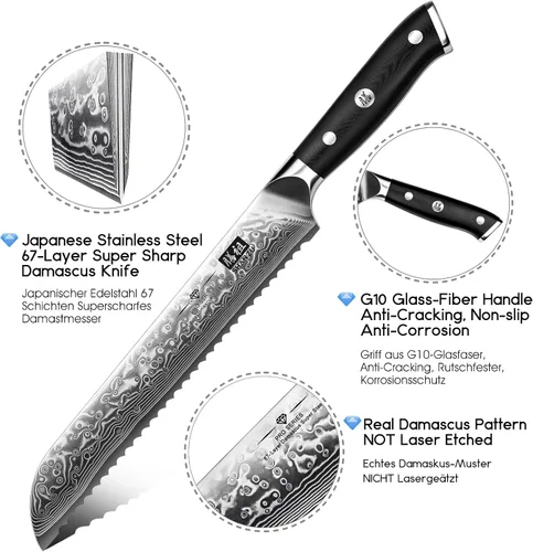 Vista 2 de Cuchillo de pan SHAN ZU de 8 pulgadas, cuchillo japonés de acero de Damasco con hoja ondulada serrada, cuchillo profesional afilado de acero super