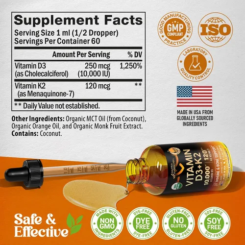 Vista 8 de Gotas Orgánicas USDA de Vitamina D3 K2 – Vitamina D3 10000 UI y K2 como MK-7 120mcg – Apoyo inmunológico y del estado de ánimo, salud de huesos