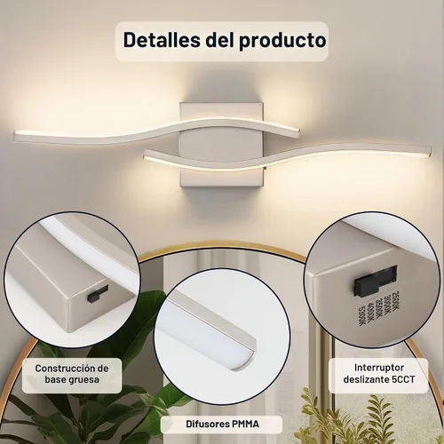 Vista 8 de Joossnwell Accesorios de iluminación de tocador de baño de níquel cepillado sobre espejo 5CCT lámpara de baño ajustable lámpara de tocador moderna