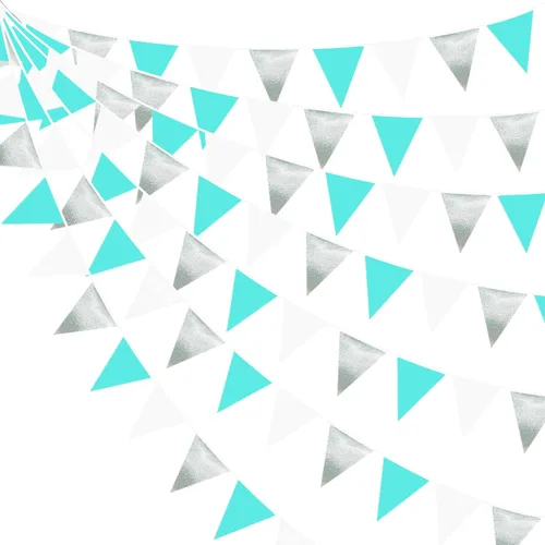 Vista 9 de Pancarta verde aguamarina de 32 pies para decoración de fiesta, bandera triangular, banderines de tela para boda, cumpleaños, compromiso, novia