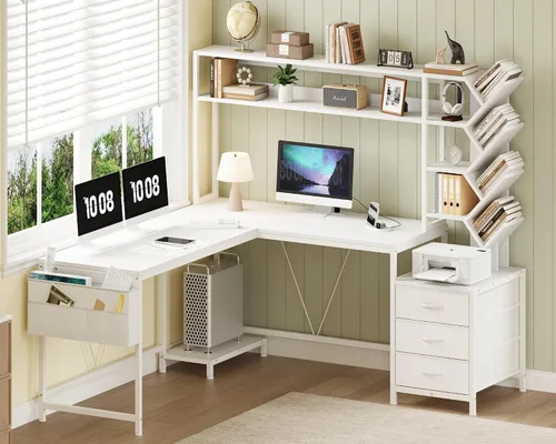 Vista 12 de YOMILUVE Escritorio para computadora de 52 pulgadas con estantería, 3