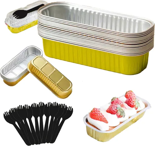 Vista 9 de Juego de 12 mini moldes para pan con tapas y cucharas, 200 ml, desechables, rectangulares, de aluminio con papel de aluminio, para hornear pasteles
