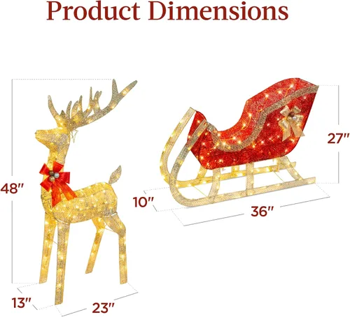 Vista 7 de Best Choice Products Decoración de Navidad iluminada de 4 pies con reno y trineo para exteriores, juego de decoración de patio con 205 luces LED