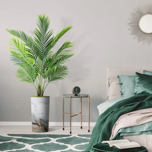 Vista 5 de Árbol artificial en macetero con efecto de granito moderno, palmera tropical areca artificial de seda para decoración del hogar en interiores