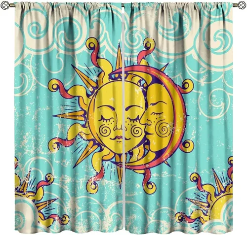 Vista 54 de Cortinas opacas con diseño de sol y luna, cuerpos celestes bohemios, con diseño de sol, luna y estrellas, para sala de estar, dormitorio, 42 x 45