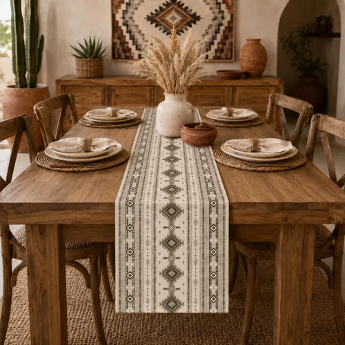 Vista 187 de Camino de mesa étnico del suroeste, navajo tribal nativo americano, bohemio, patrón geométrico azteca, camino de mesa para cocina, mesa de comedor