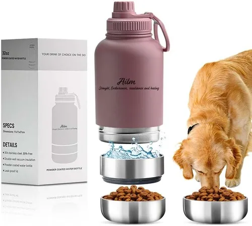 Vista 3 de Comedero para mascotas de viaje, dispensador de botellas de agua y alimentos 3 en 1 (Rost)