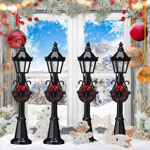 Vista 5 de Honoson 4 piezas de aldea de Navidad mini lámpara de calle casa de muñecas