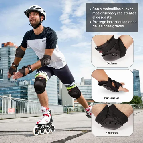 Vista 6 de SKT HP Equipo de protección para adultos, rodilleras, coderas, muñequeras para patinaje en línea, ciclismo, patinaje A: Negro