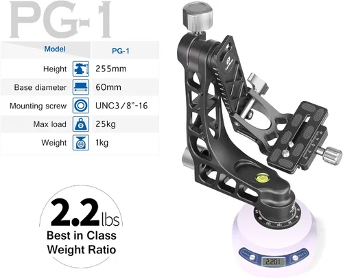 Vista 8 de Leofoto Negro PG-1 - Cabezal de trípode de cardán resistente ligero compatible con Arca