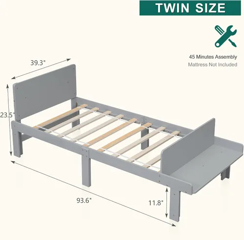 Vista 2 de Dolonm Marco de cama individual para niños con banco de estribo, gris, madera de pino, estilo moderno, no necesita somier